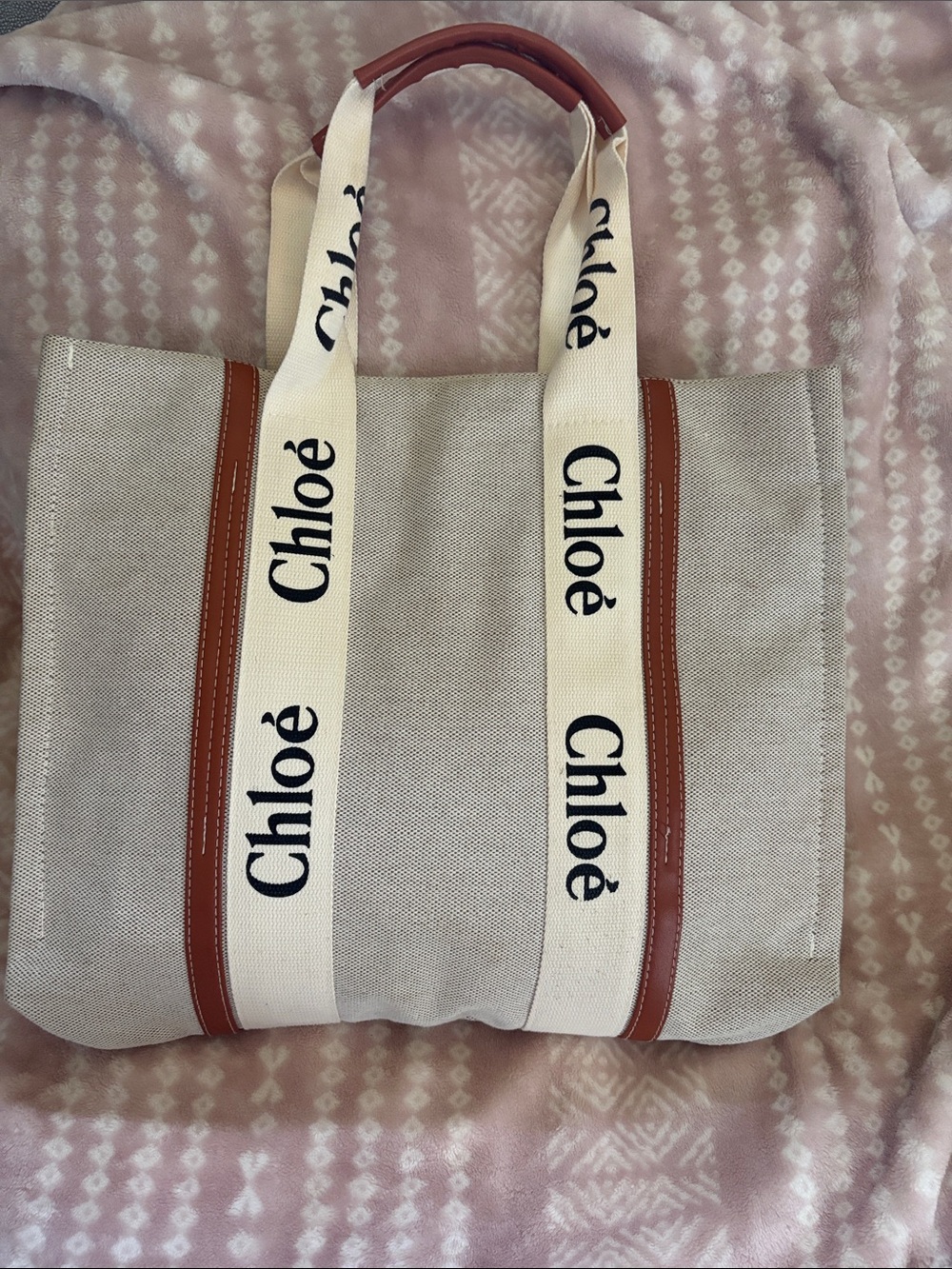 Beige Canvas Tote Bag with Brown Trim - Picture 2 of 5